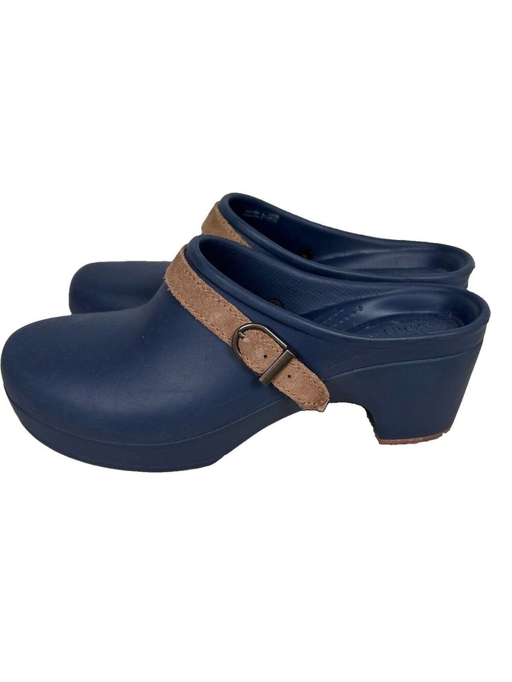 Crocs Sarah navy blue croslite Clogs leather strap comfort Women's Sz 10